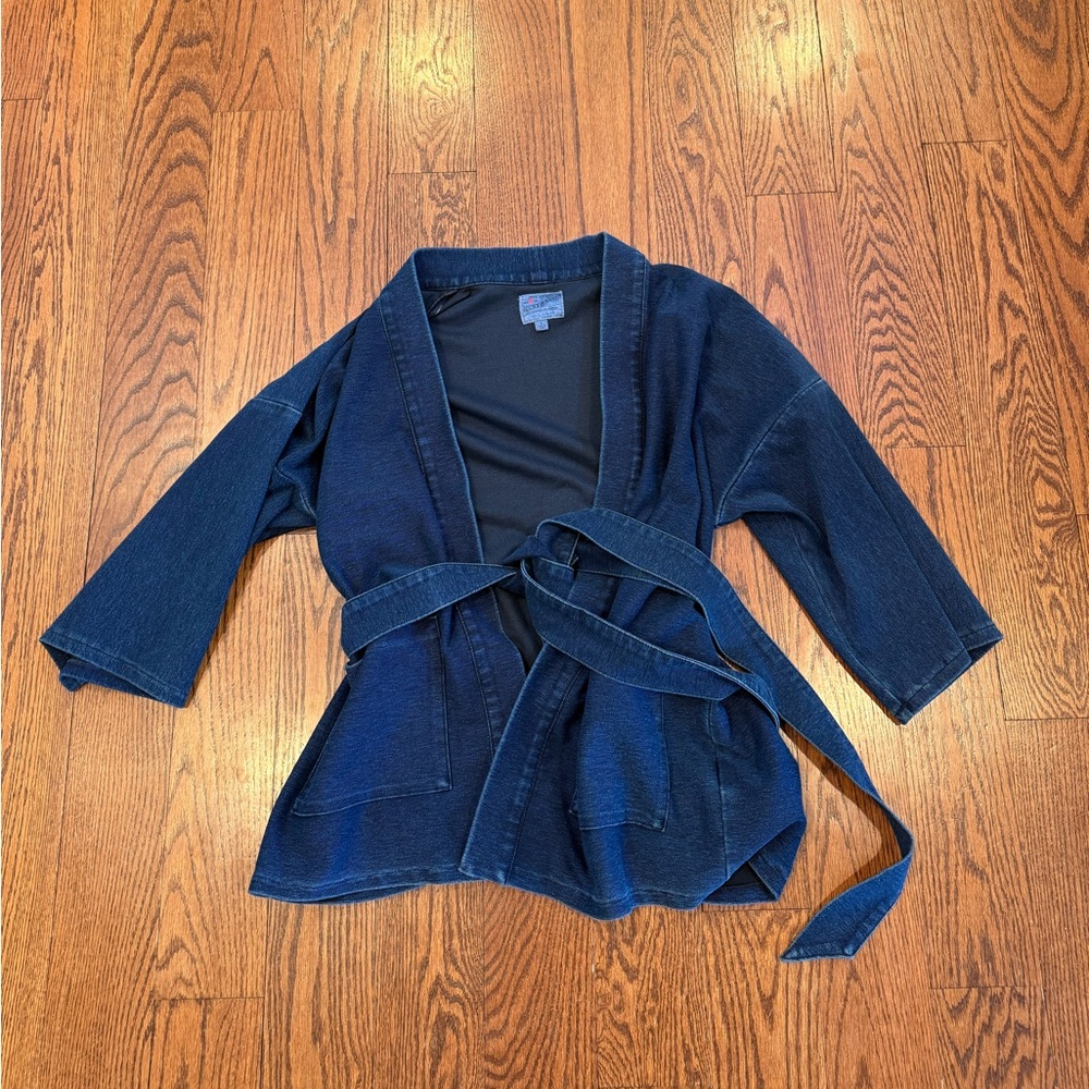 Lucky Brand Dark Knit Denim Kimono Wrap Jacket - Picture 5 of 8